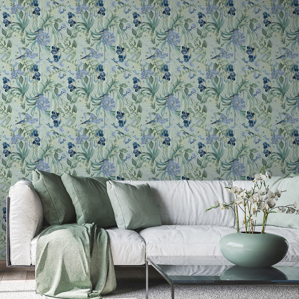 Minty Meadow Wallpaper on living room wall