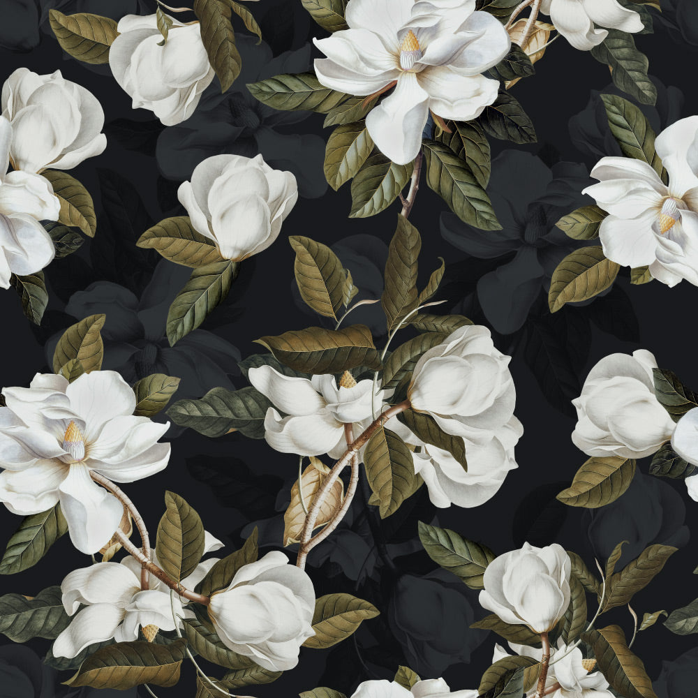 Velvet Magnolia (Black) Wallpaper pattern close-up