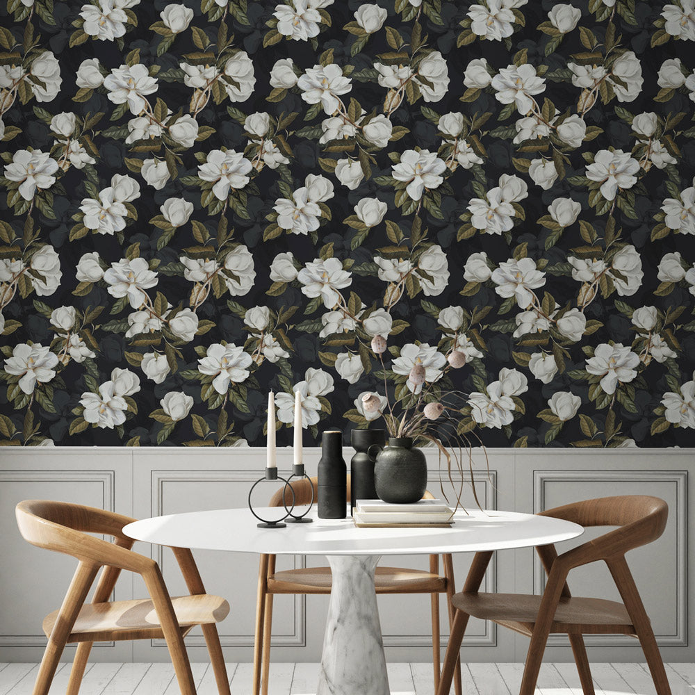 Velvet Magnolia (Black) Wallpaper on accent wall