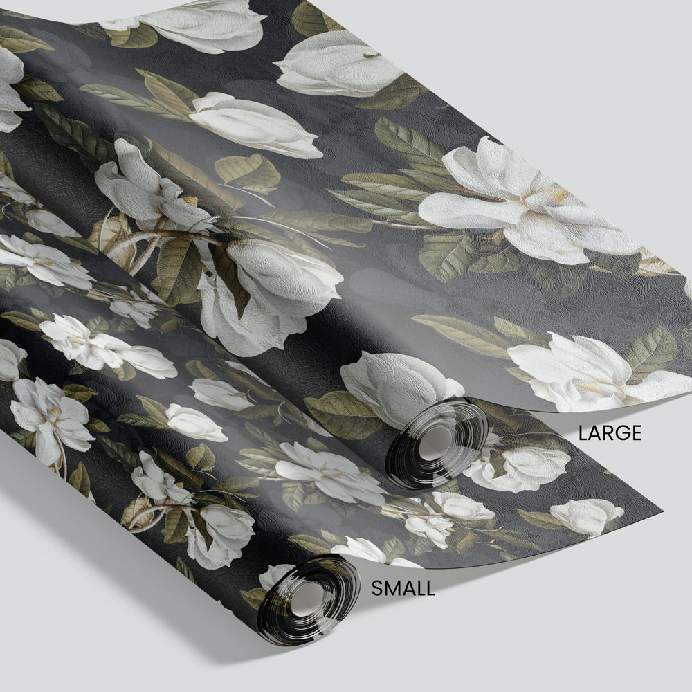 Velvet Magnolia (Black) Wallpaper pattern size options