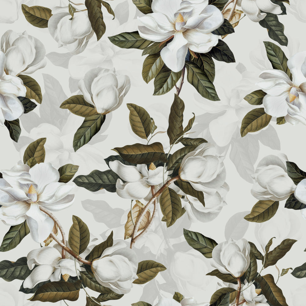 Velvet Magnolia (White) Wallpaper pattern close-up