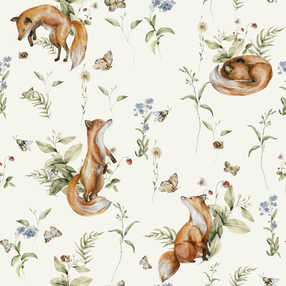Frolicking Foxes (Ivory) Wallpaper pattern close-up