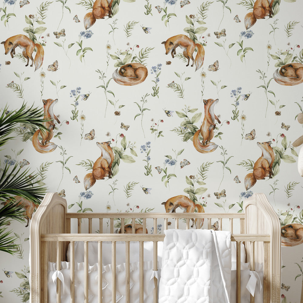 Frolicking Foxes (Ivory) Wallpaper in nursery