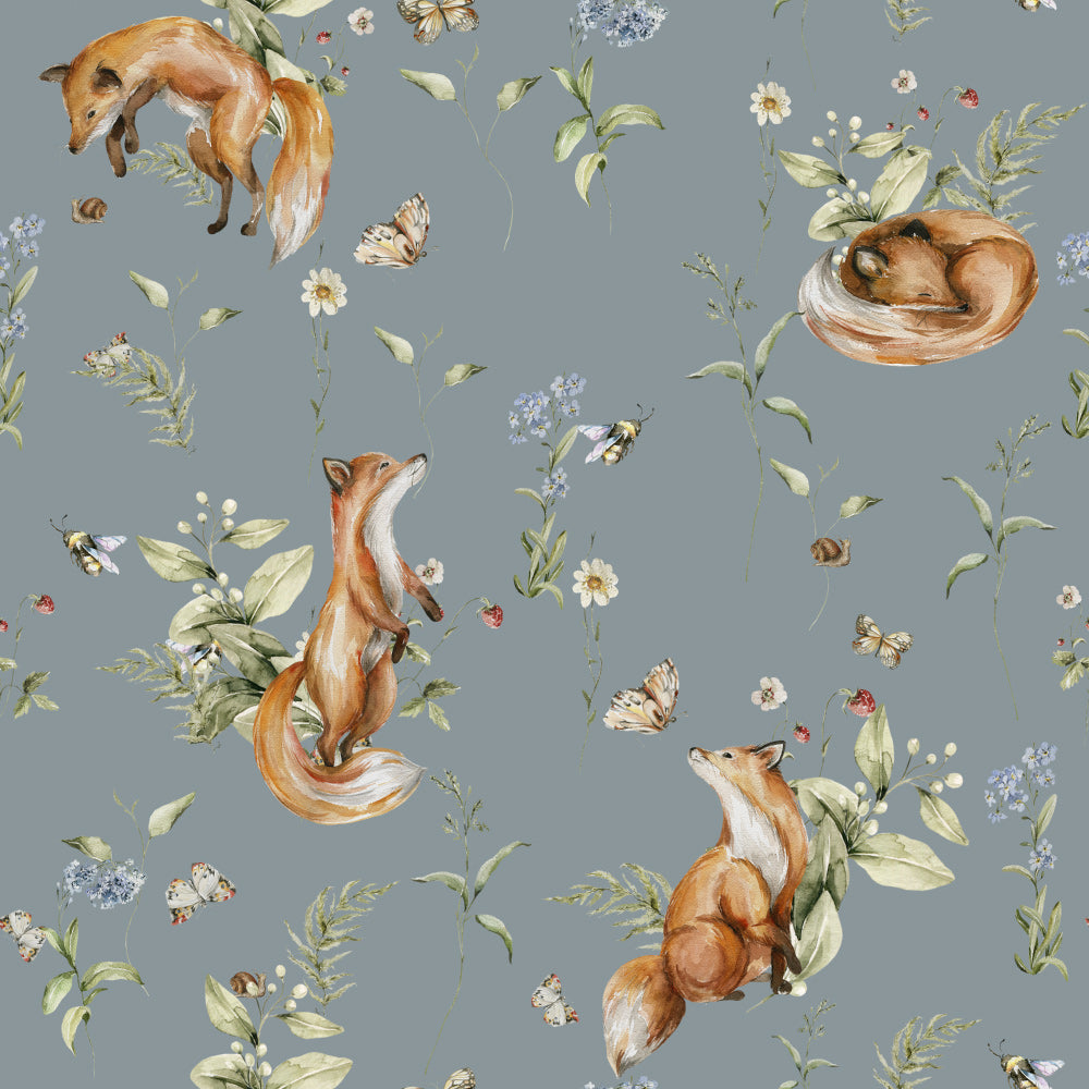 Frolicking Foxes (Dusty Blue) Wallpaper pattern close-up