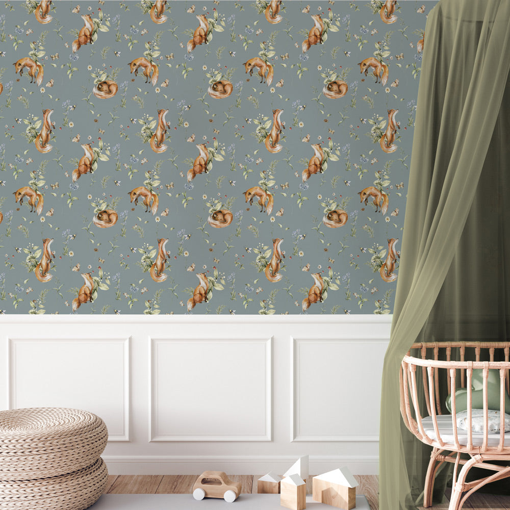 Frolicking Foxes (Dusty Blue) Wallpaper in nursery