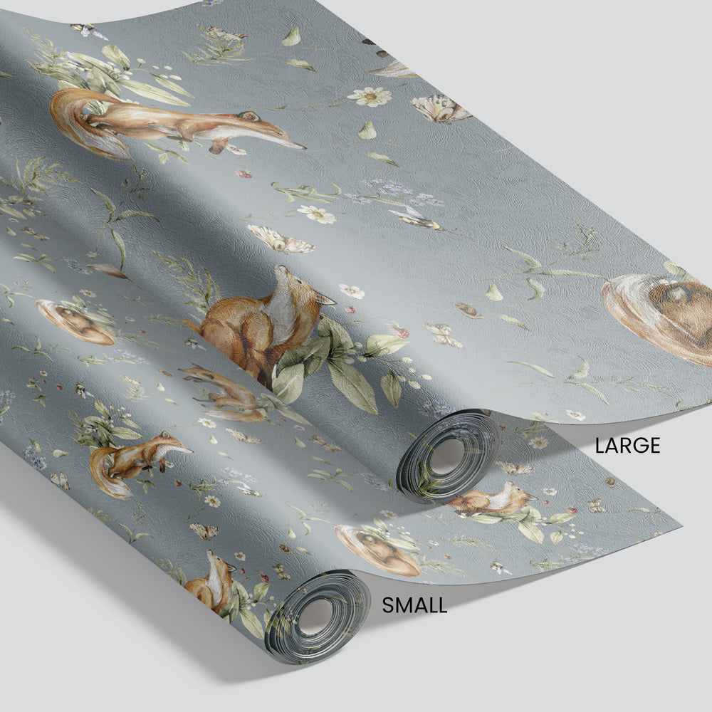 Frolicking Foxes (Dusty Blue) Wallpaper pattern size options