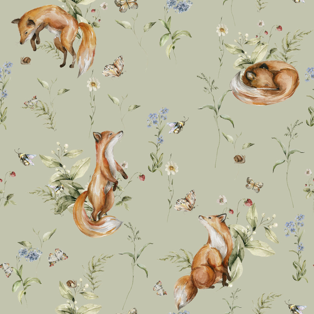 Frolicking Foxes (Sage) Wallpaper pattern close-up