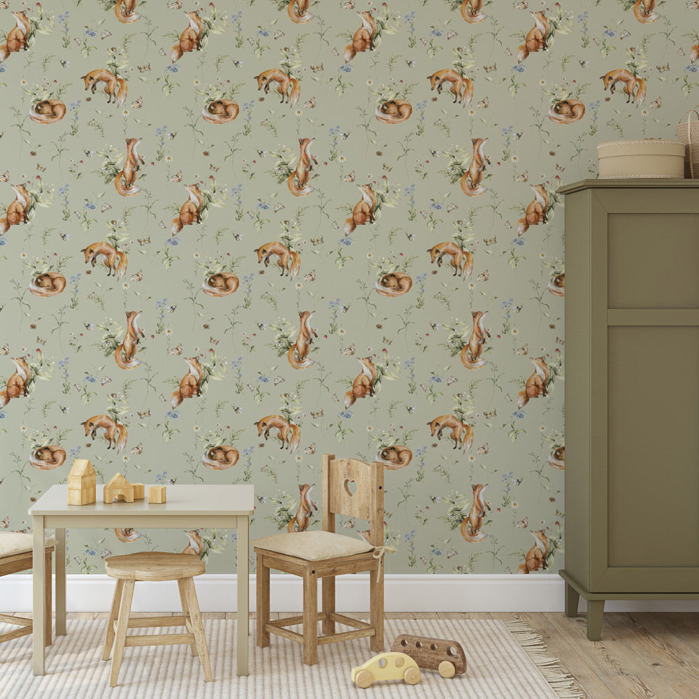 Frolicking Foxes (Sage) Wallpaper in nursery