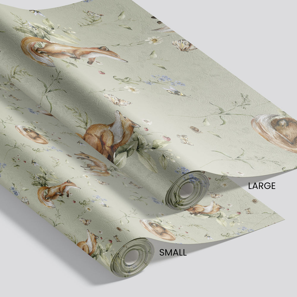 Frolicking Foxes (Sage) Wallpaper pattern size options
