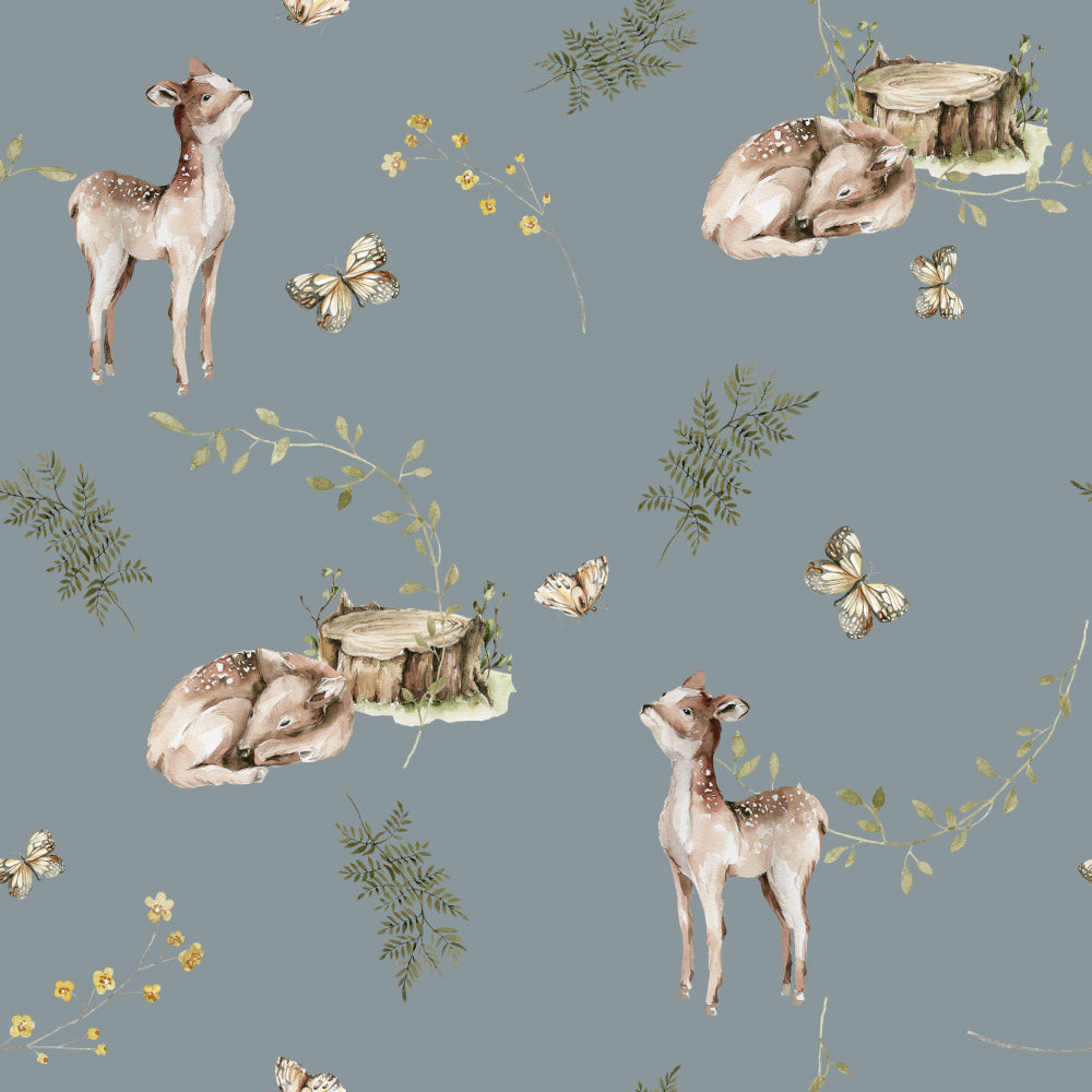 Freckled Fawns (Dusty Blue) Wallpaper pattern close-up