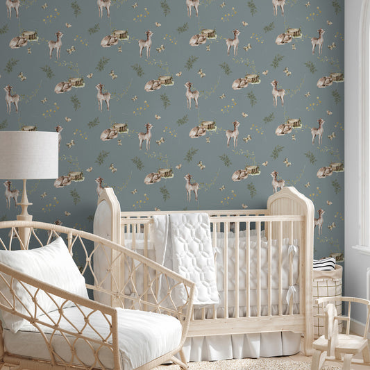 Freckled Fawns (Dusty Blue) Wallpaper in nursery