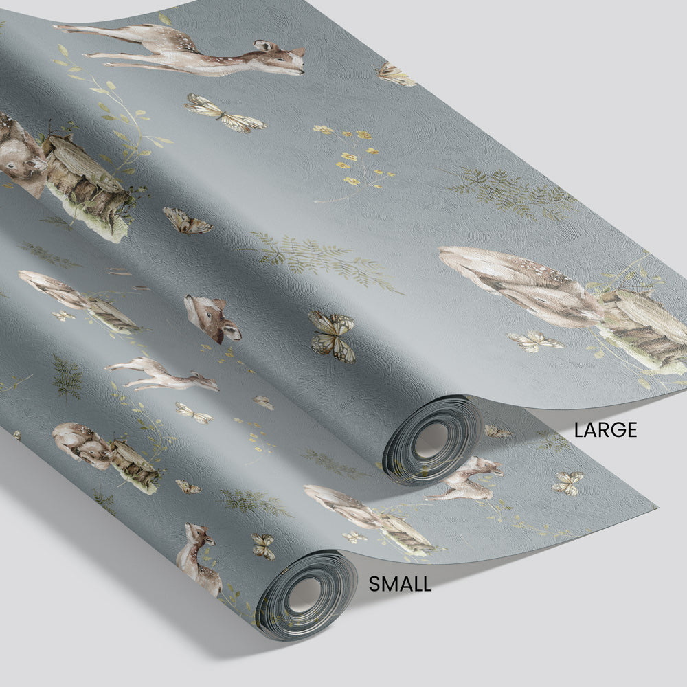 Freckled Fawns (Dusty Blue) Wallpaper pattern size options