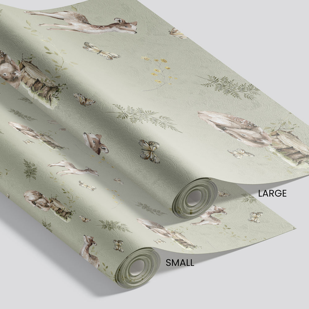 Freckled Fawns (Sage) Wallpaper pattern size options