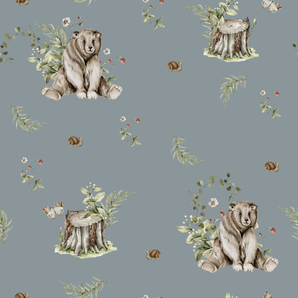 Too Cute To Bear (Dusty Blue) Wallpaper pattern close-up