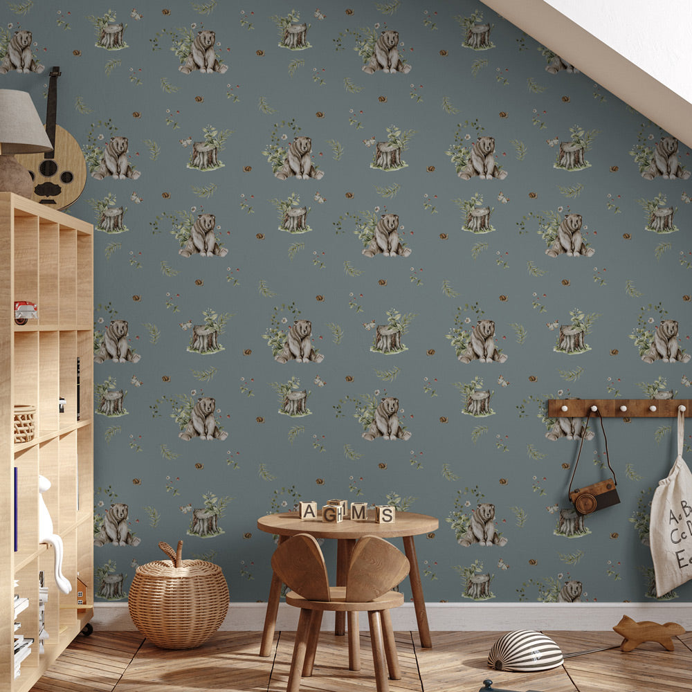 Too Cute To Bear (Dusty Blue) Wallpaper in nursery