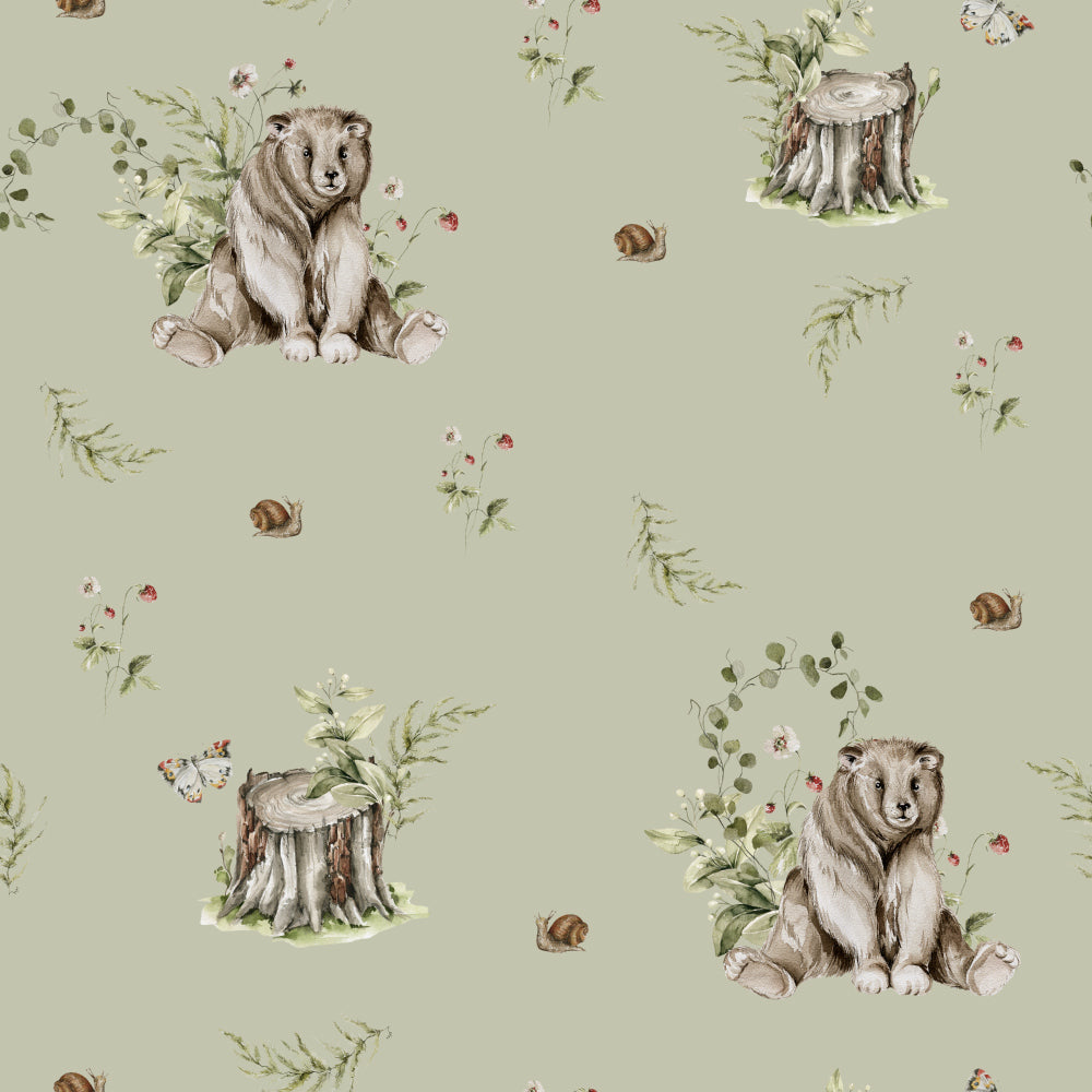 Too Cute To Bear (Sage) Wallpaper pattern close-up