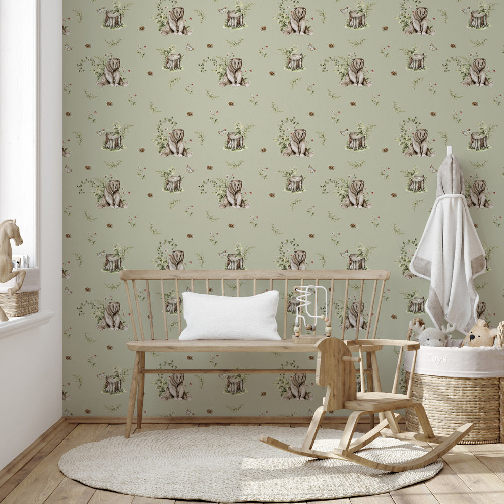 Too Cute To Bear (Sage) Wallpaper in nursery