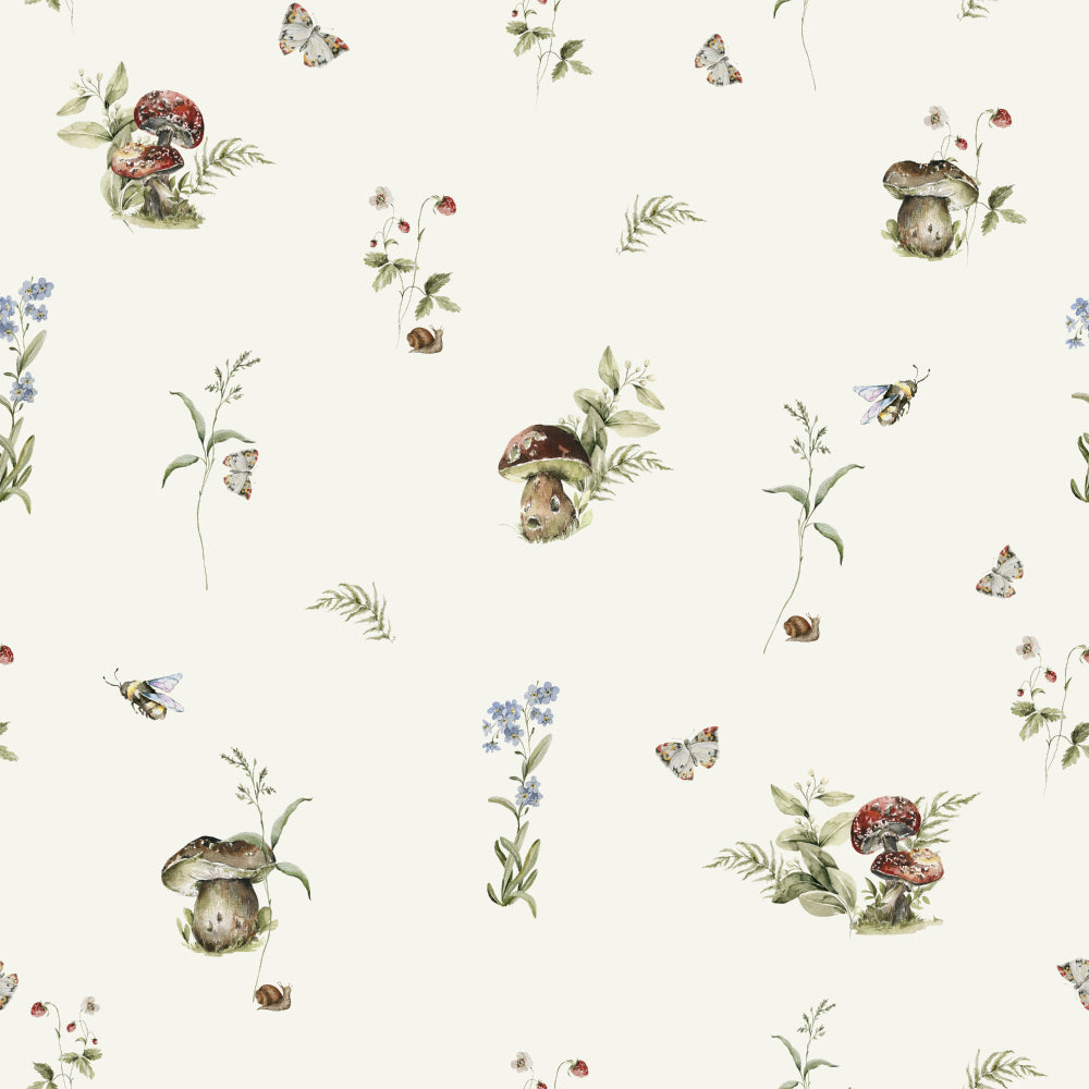 Toadstool Tango (Ivory) Wallpaper pattern close-up