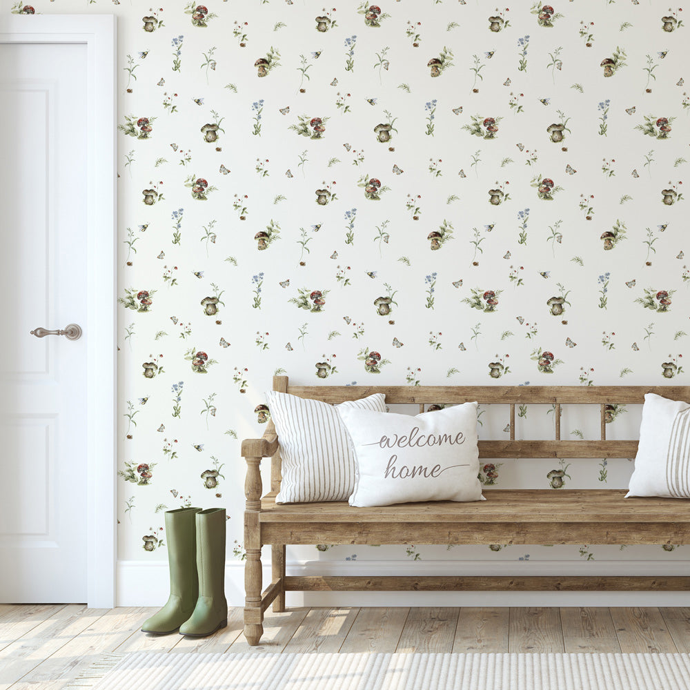 Toadstool Tango (Ivory) Wallpaper on accent wall