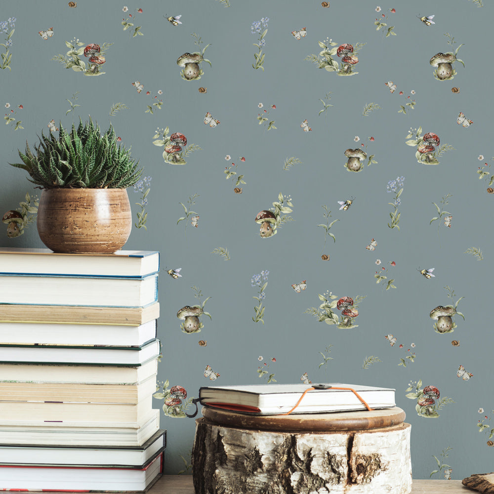 Toadstool Tango (Dusty Blue) Wallpaper on accent wall