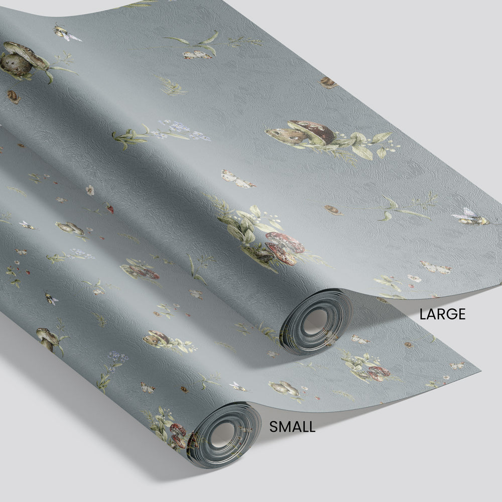 Toadstool Tango (Dusty Blue) Wallpaper pattern size options