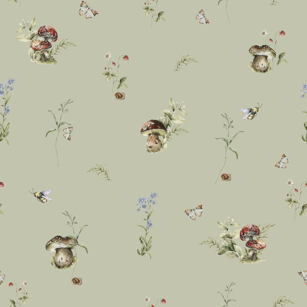 Toadstool Tango (Sage) Wallpaper pattern close-up