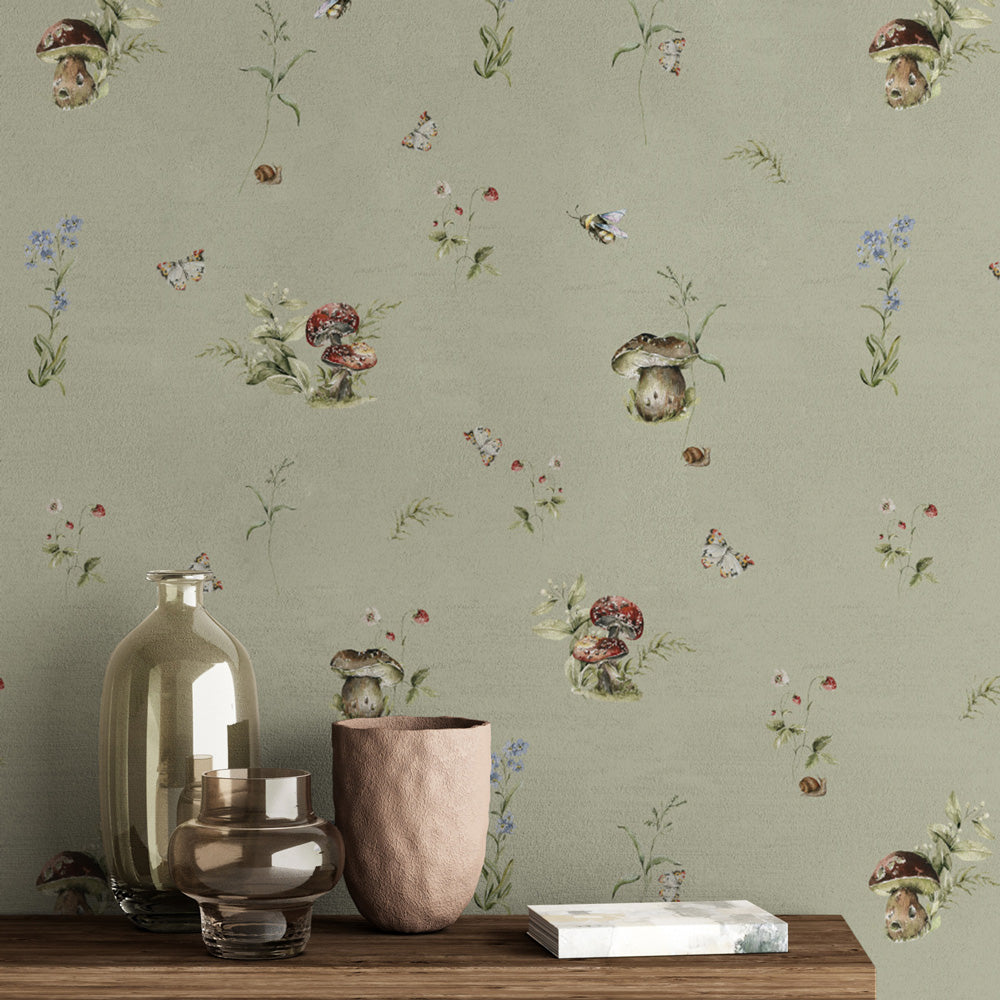 Toadstool Tango (Sage) Wallpaper on accent wall