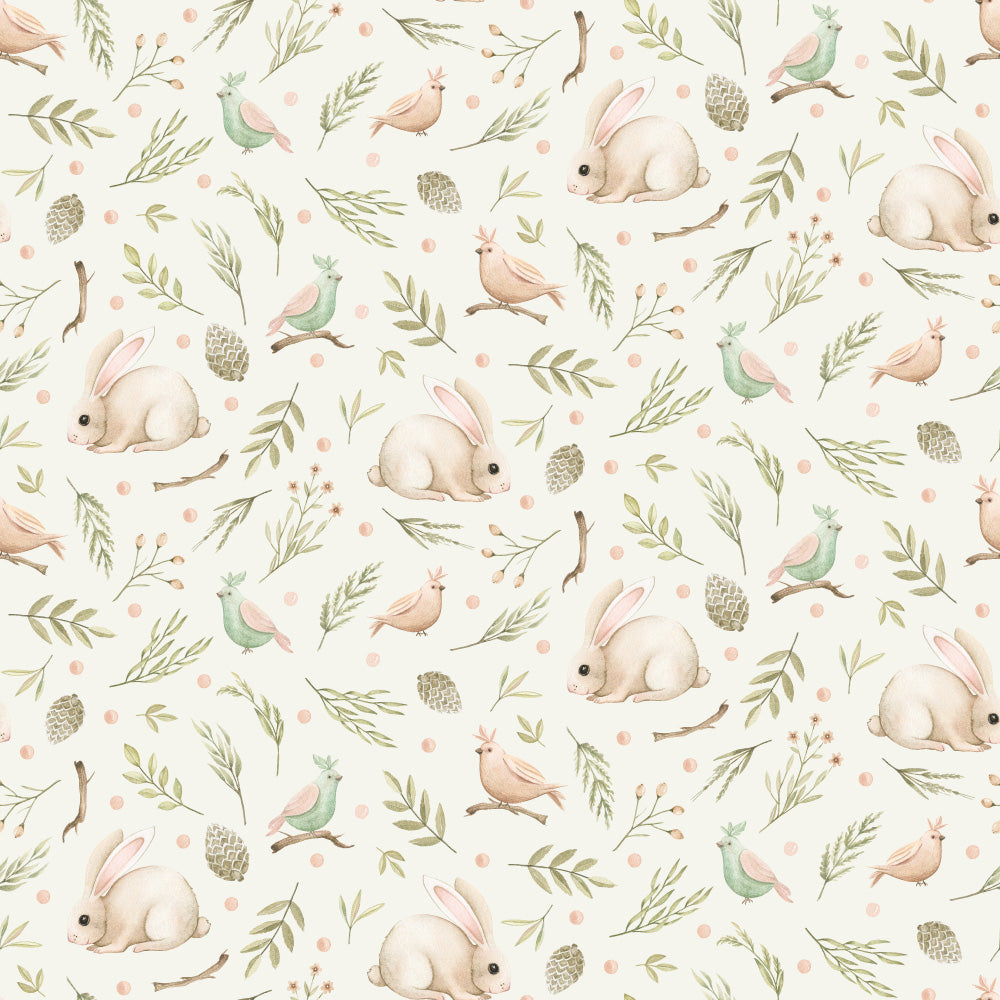Birds and Bunnies (Ivory) Wallpaper pattern close-up