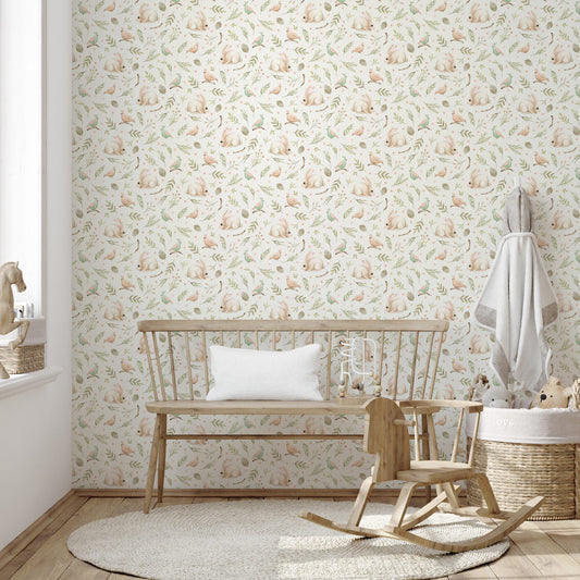 Birds and Bunnies (Ivory) Wallpaper in nursery