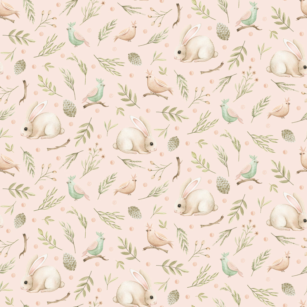 Birds and Bunnies (Pink) Wallpaper pattern close-up