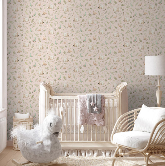 Birds and Bunnies (Pink) Wallpaper in nursery