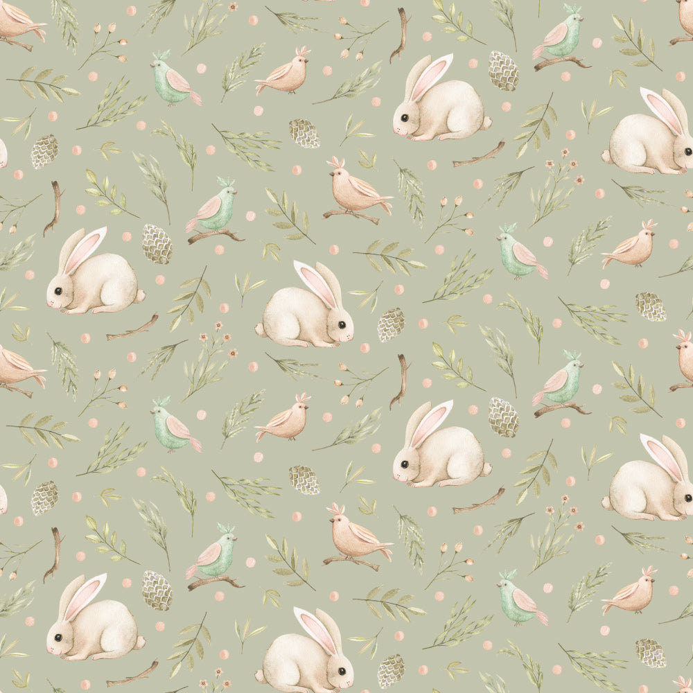 Birds and Bunnies (Sage) Wallpaper pattern close-up