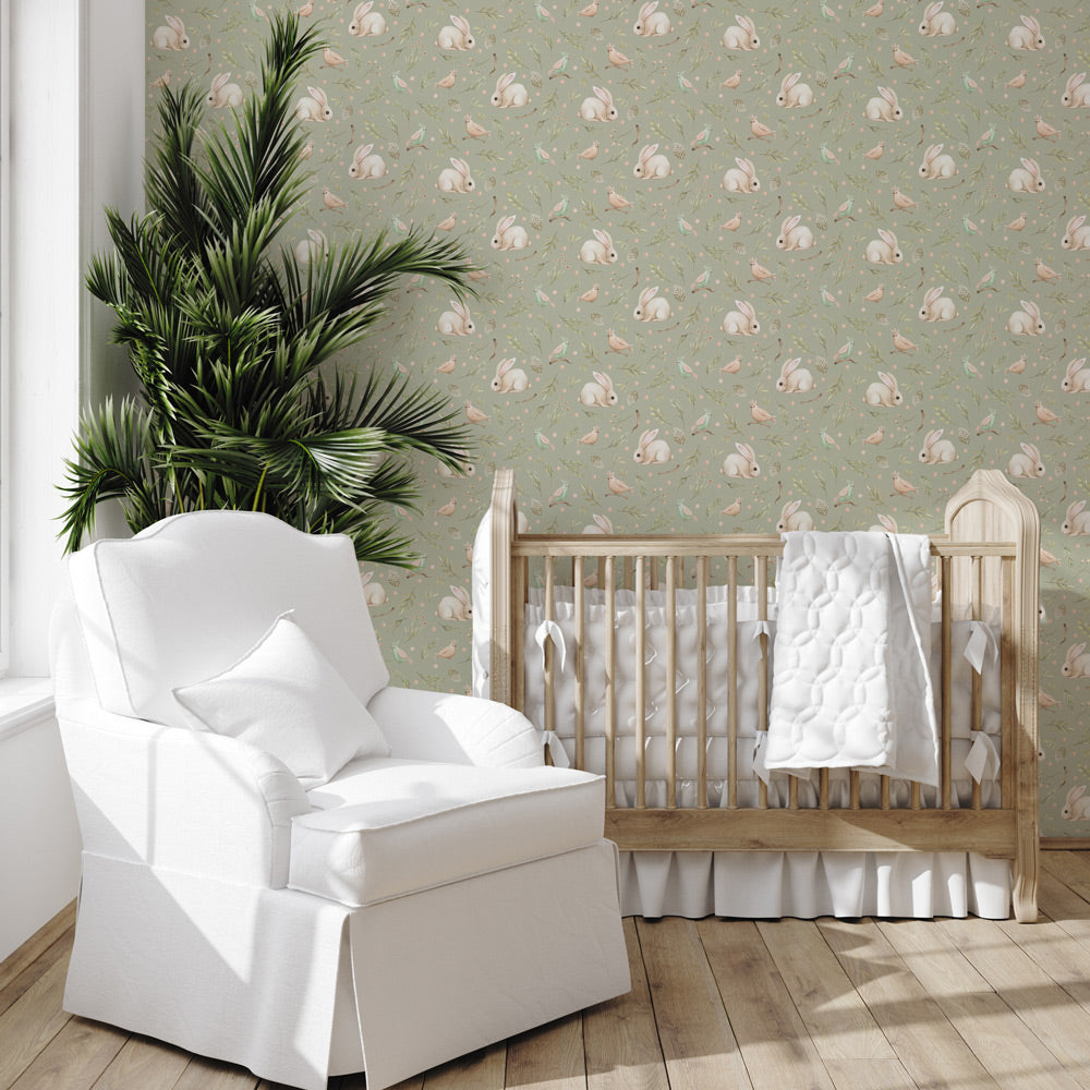 Birds and Bunnies (Sage) Wallpaper in nursery