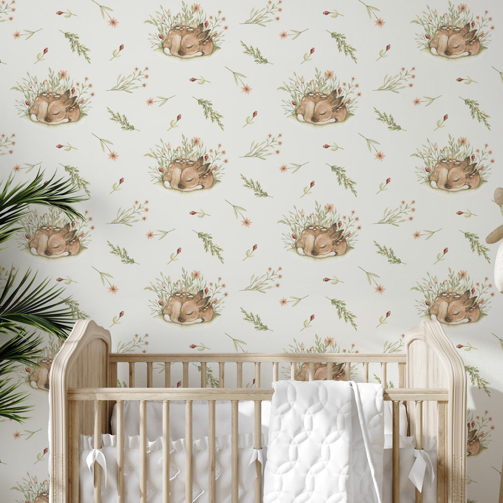 Dreaming Doe (Ivory) Wallpaper on nursery wall