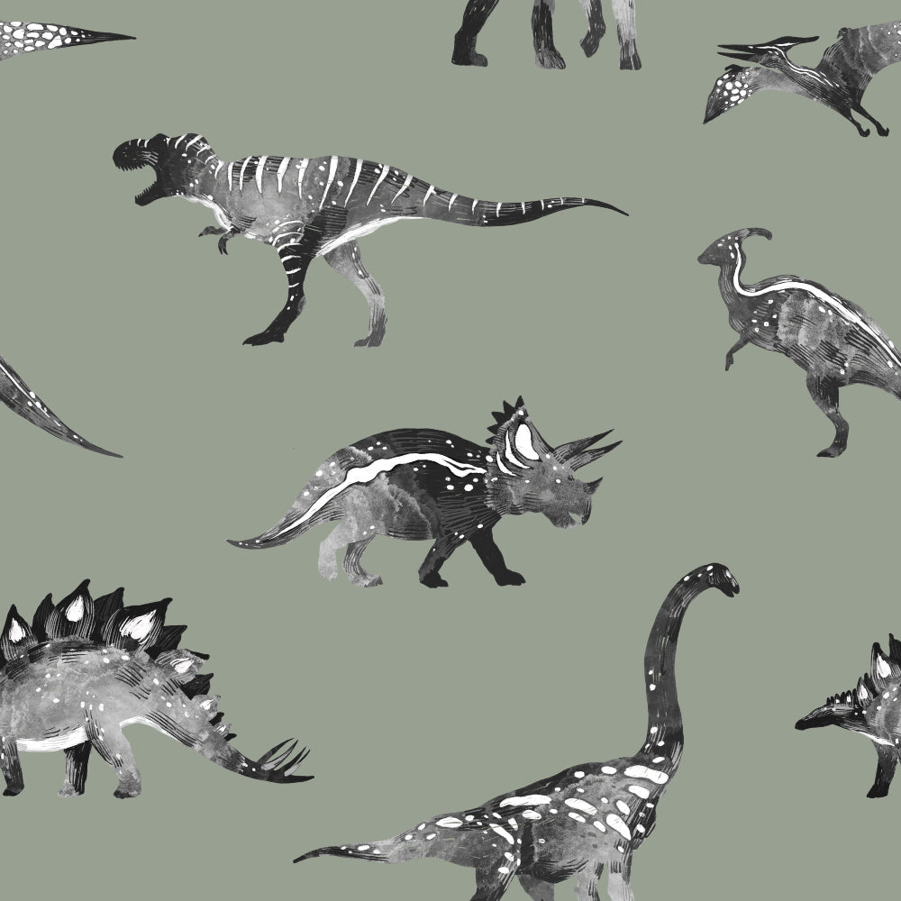 Jurassic Jungle (Sage) Wallpaper pattern close-up