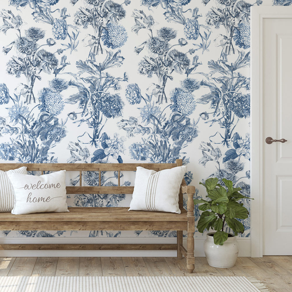 Toile Fleurie (Blue & White) Wallpaper on accent wall