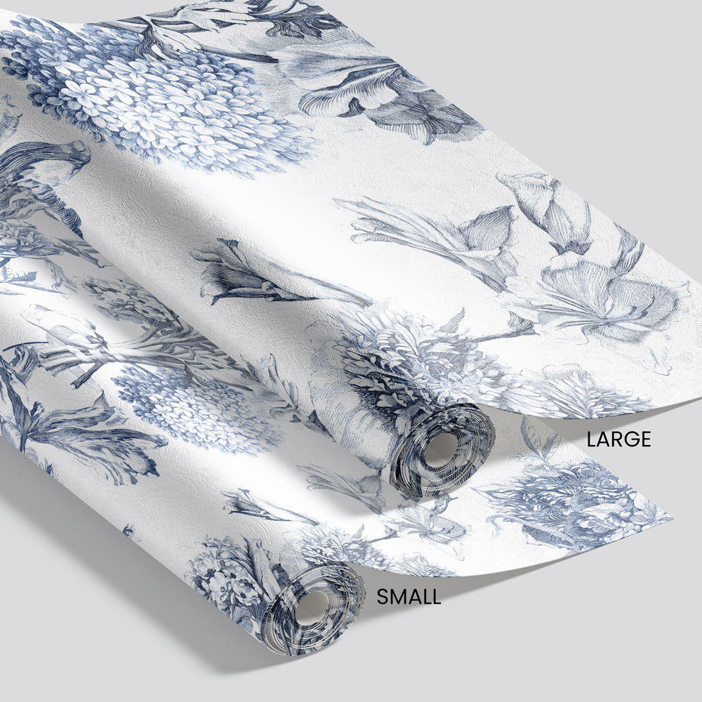 Toile Fleurie (Blue & White) Wallpaper pattern size options