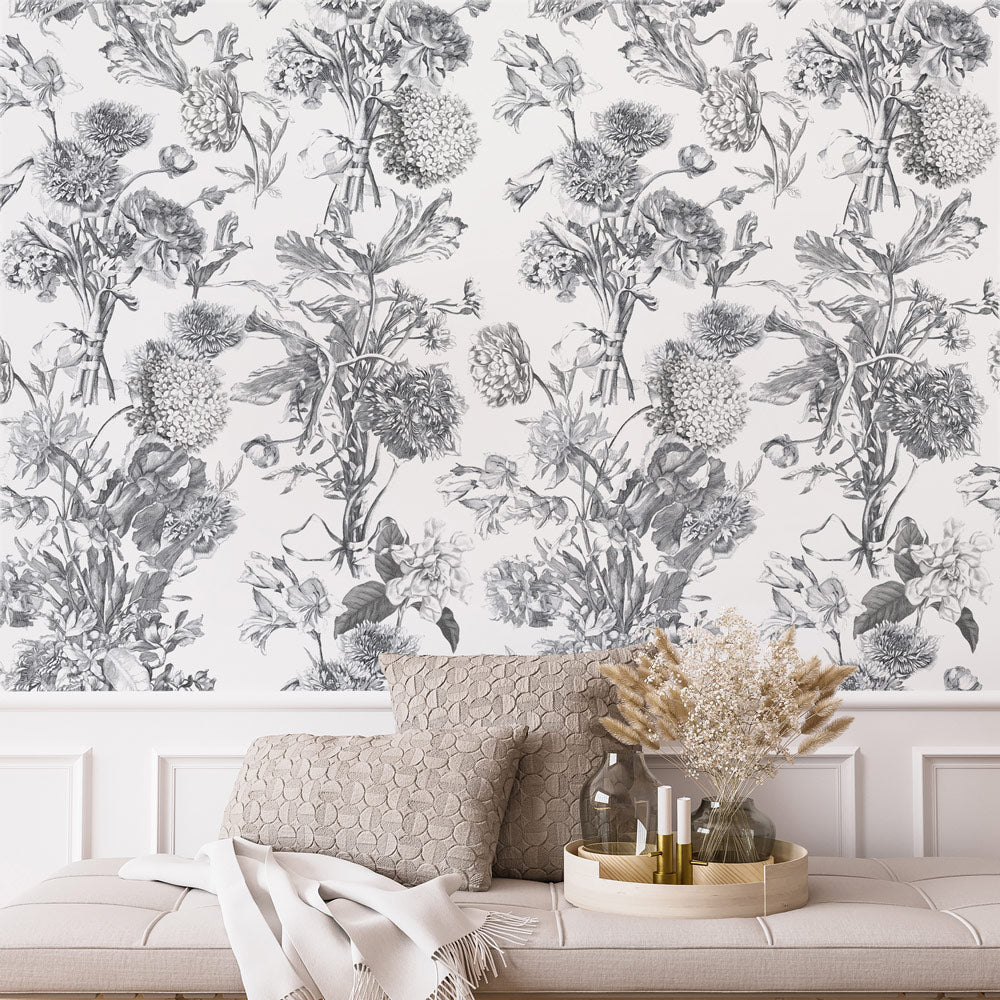 Toile Fleurie (Black & White) Wallpaper on accent wall