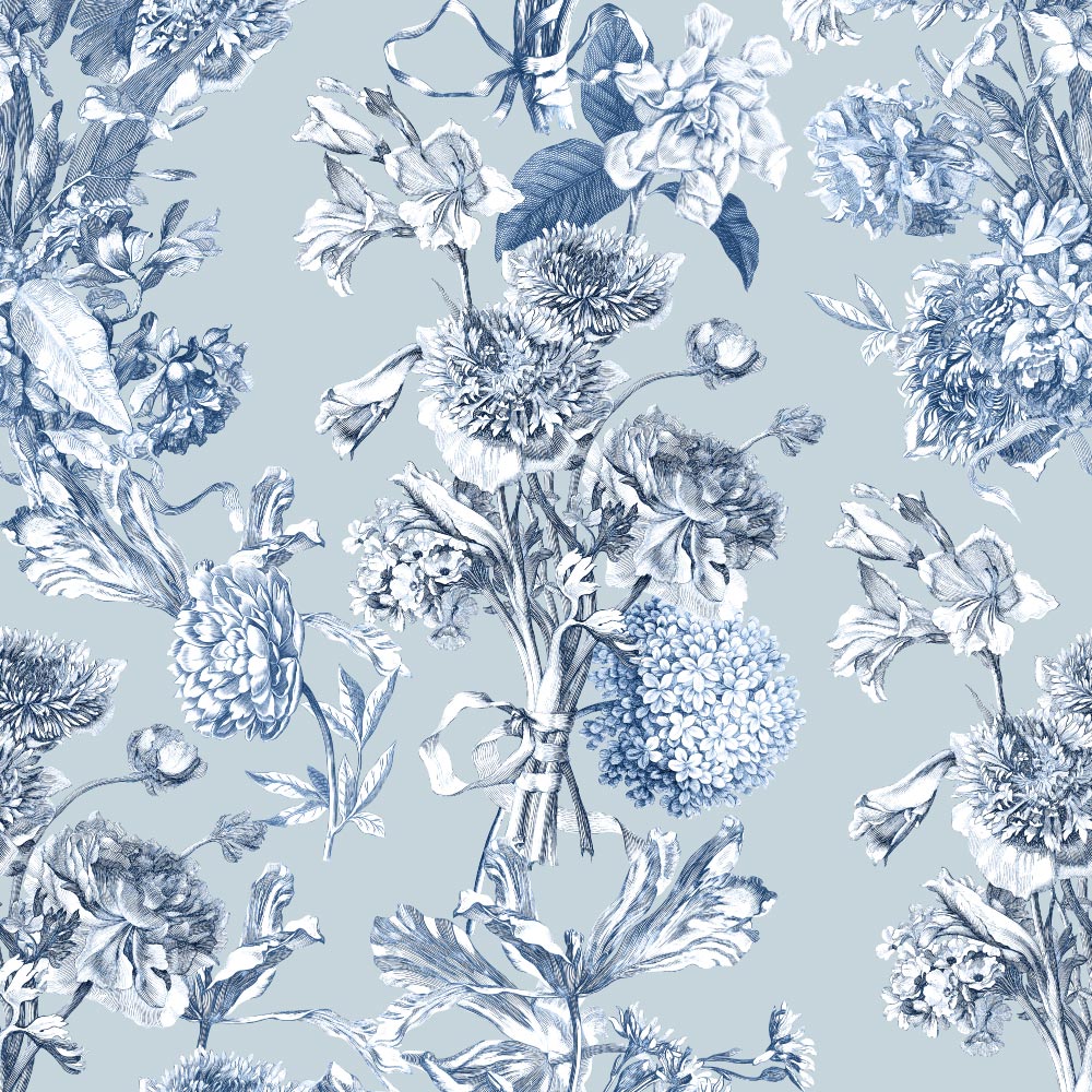 Toile Fleurie (Blue) Wallpaper pattern close-up