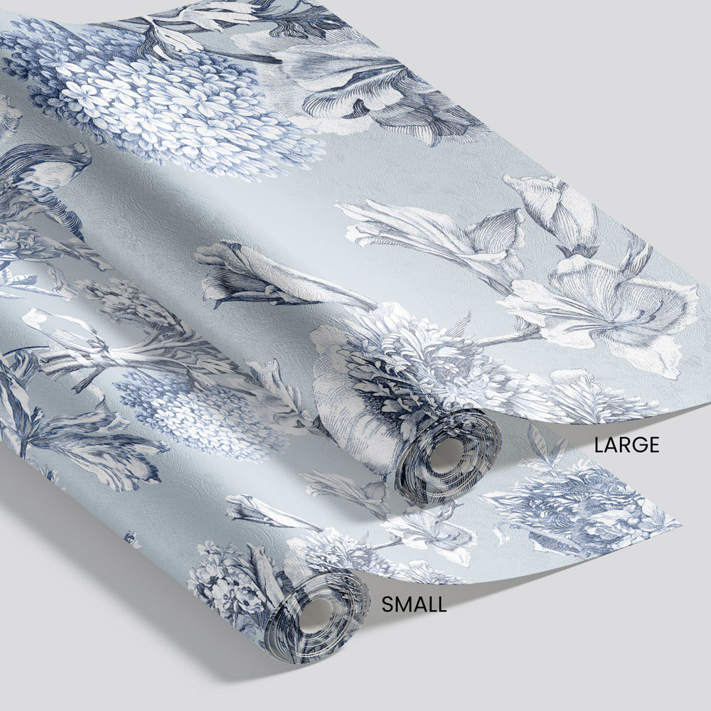 Toile Fleurie (Blue) Wallpaper pattern size options