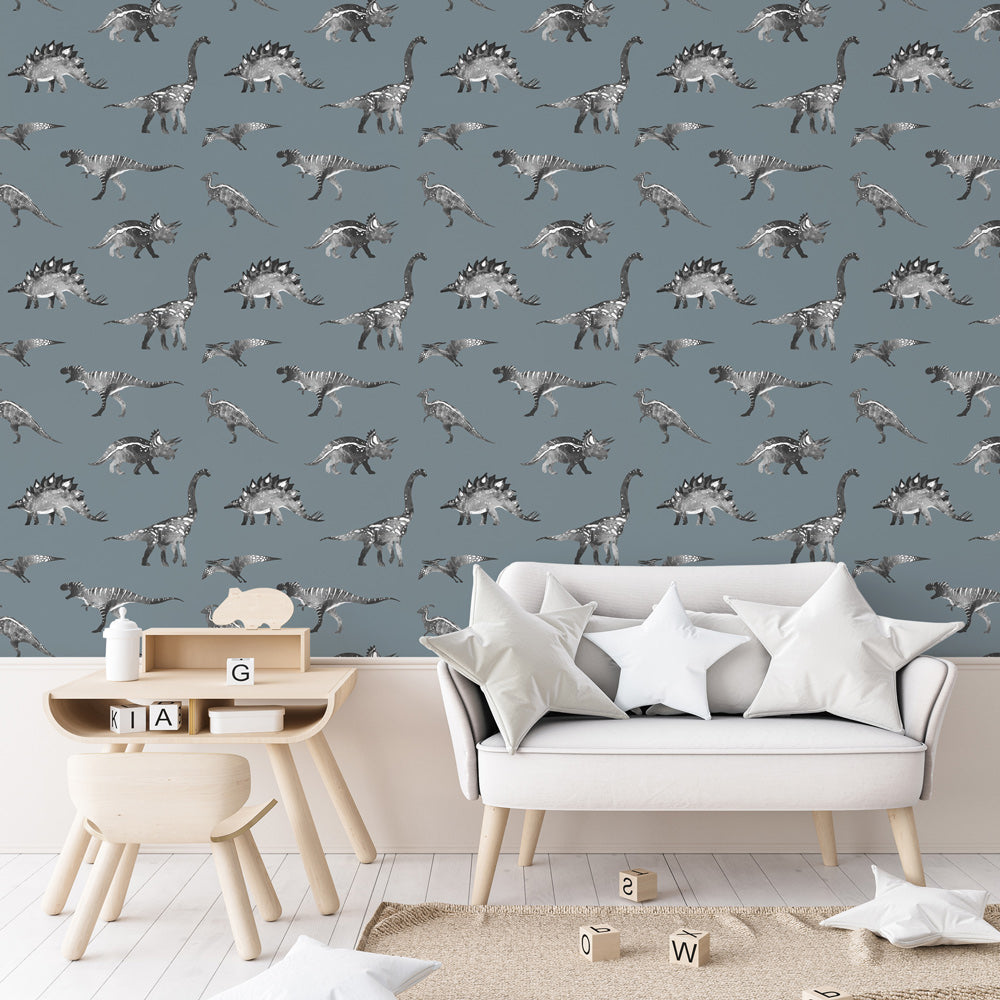 Jurassic Jungle (Slate Blue) Wallpaper in nursery