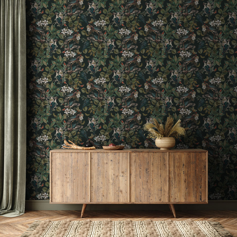 Sanctuary (Deep Forest Green) Wallpaper on accent wall