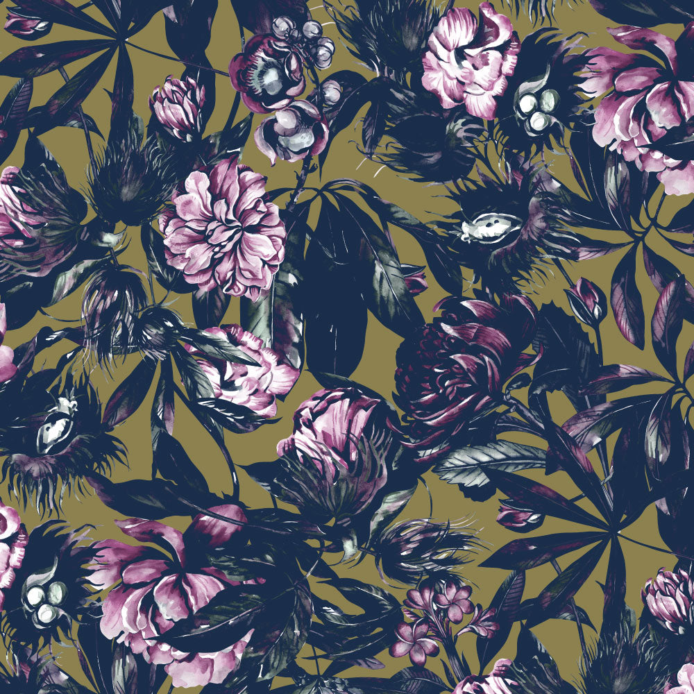 Lush Greenhouse (Olive) Wallpaper pattern close-up