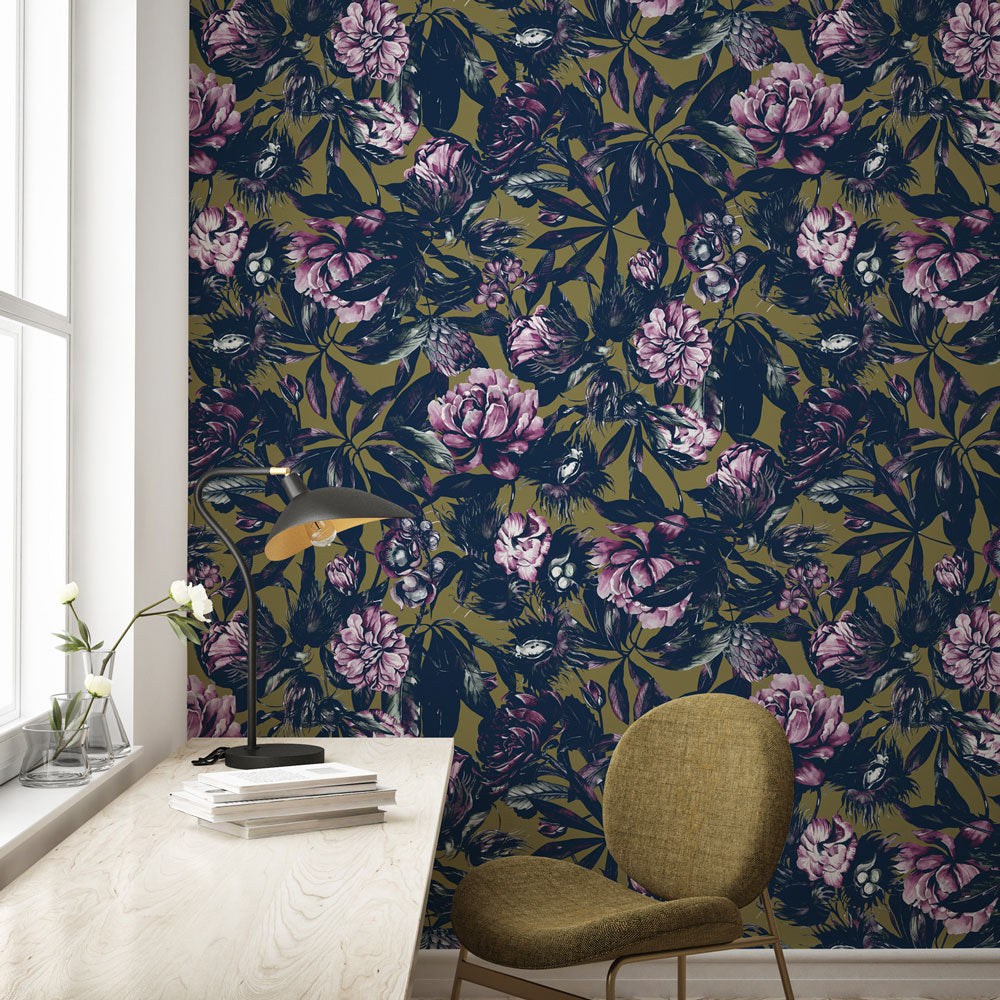 Lush Greenhouse (Olive) Wallpaper on office wall