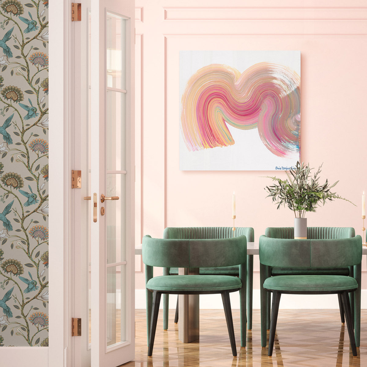 Claire Desjardins' Whoah Mama painting reproduced on HD metal print, hanging on dining room wall