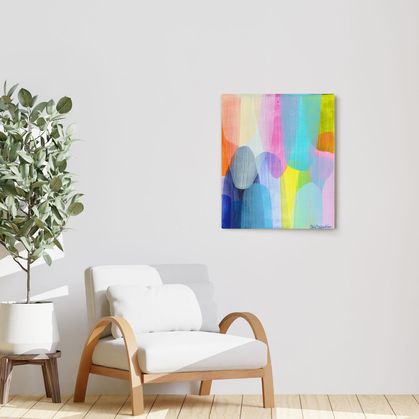 Claire Desjardins' Tickled Pink painting reproduced on HD metal print and displayed on wall