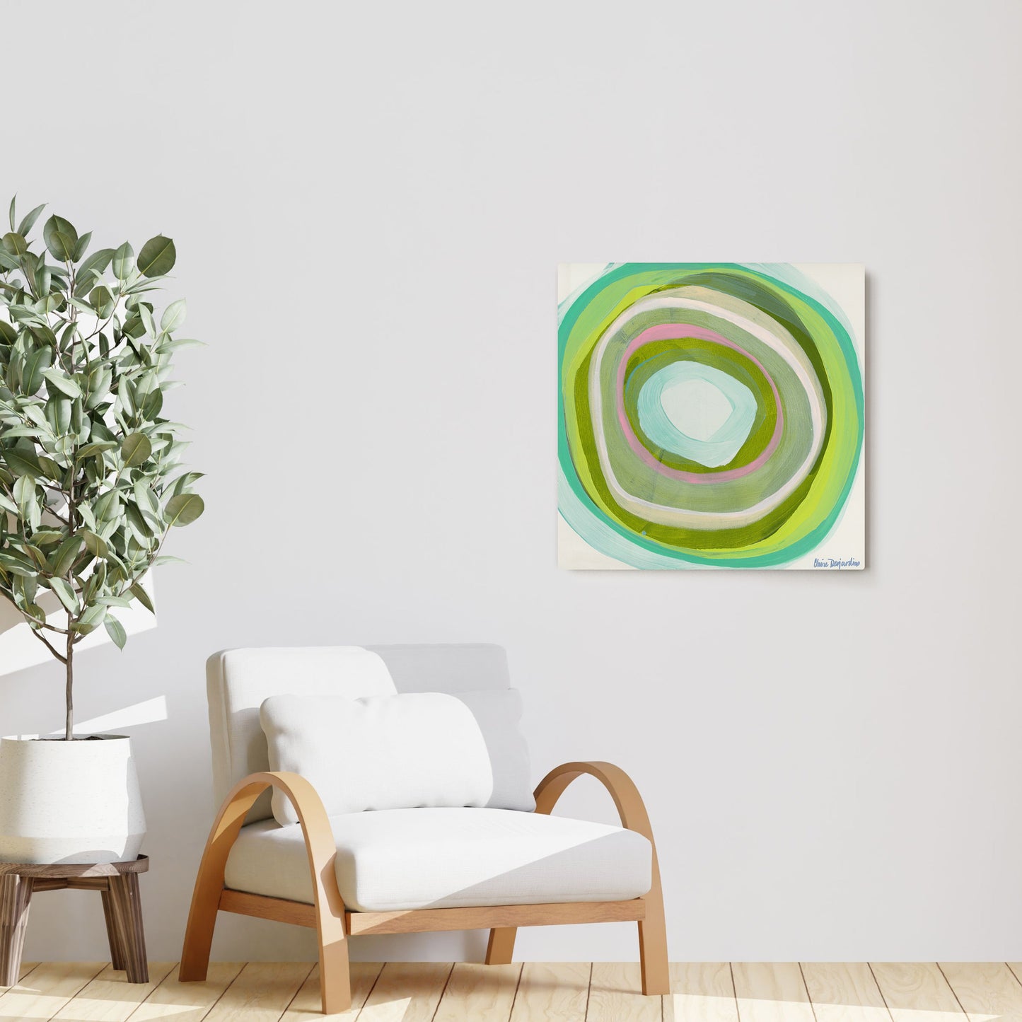 Claire Desjardins' All of the Colors Green painting reproduced on HD metal print and displayed on wall