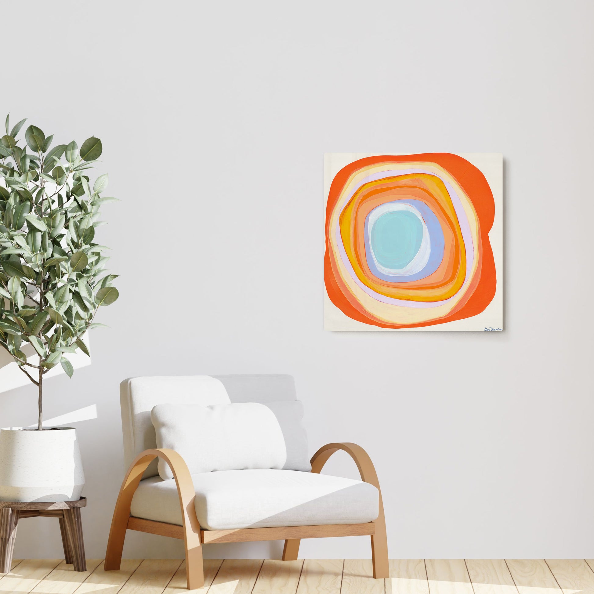 Claire Desjardins' Orange Slice painting reproduced on HD metal print and displayed on wall