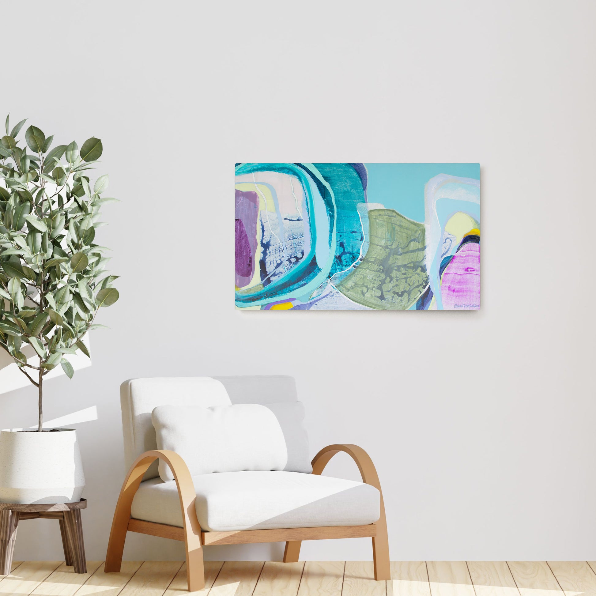 Claire Desjardins' Airborne painting reproduced on HD metal print and displayed on wall