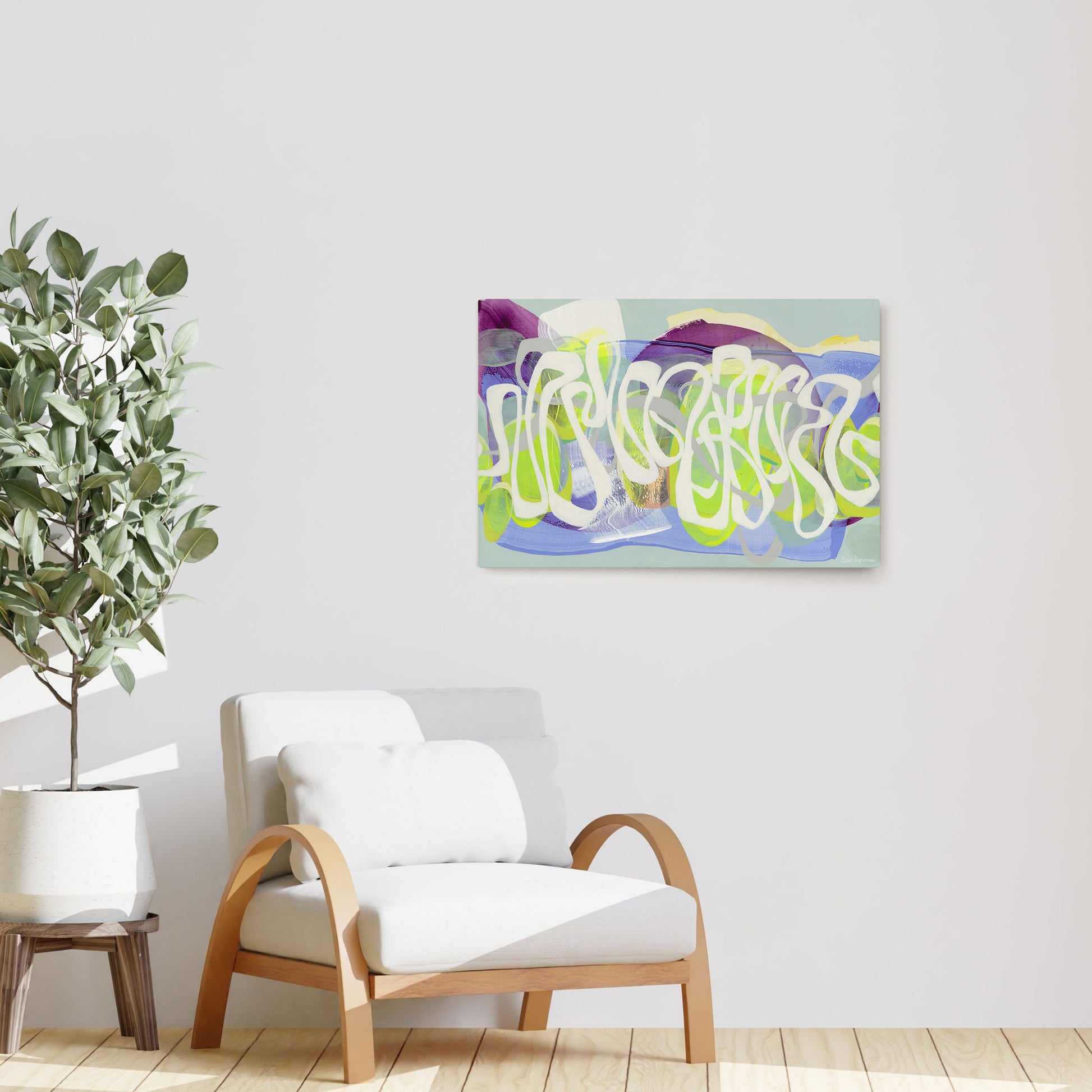 Claire Desjardins' Buttercup Baby painting reproduced on HD metal print and displayed on wall